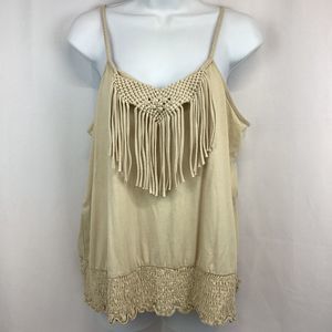 Cato Women Size 14/16W Beige Macrame Fringe Tassel Ruched Tank Top Boho Hippie
